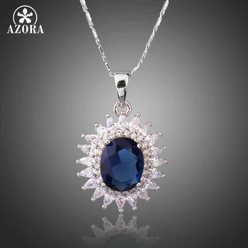 

AZORA Fashion Sunflower Shape Pendant Necklaces For Women Luxury Big Round Blue Cubic Zirconia Wedding Fashion Jewelry TN0230
