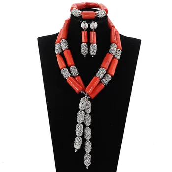 

New Nigerian Wedding Coral Beads Jewelry Set Silver Jewelry Accessory Bridal Necklace Set CNR301