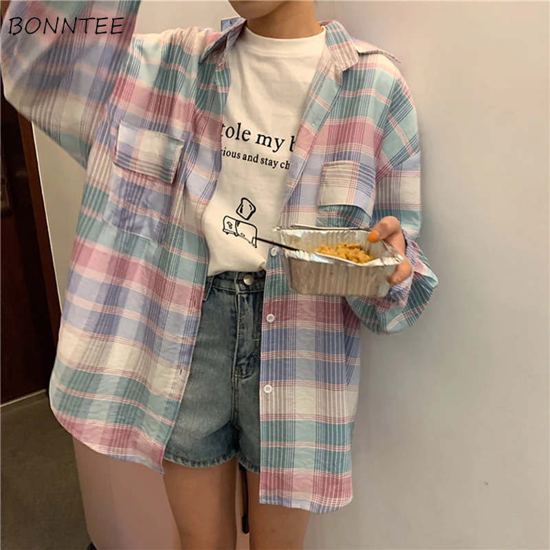 

Shirts Women Korean Style Summer Chiffon Shirt Clothing Sweet Womens Loose Plaid Tops Long Sleeve Blouses Ladies Single Breasted