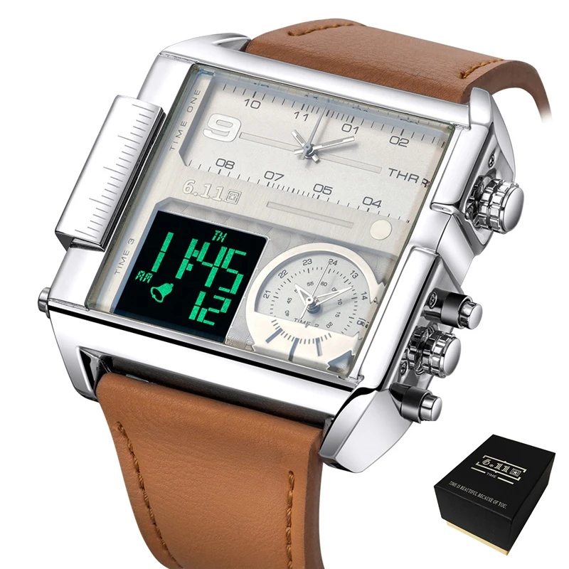 Buy Square Watches Men LED Waterproof Two Time Zone