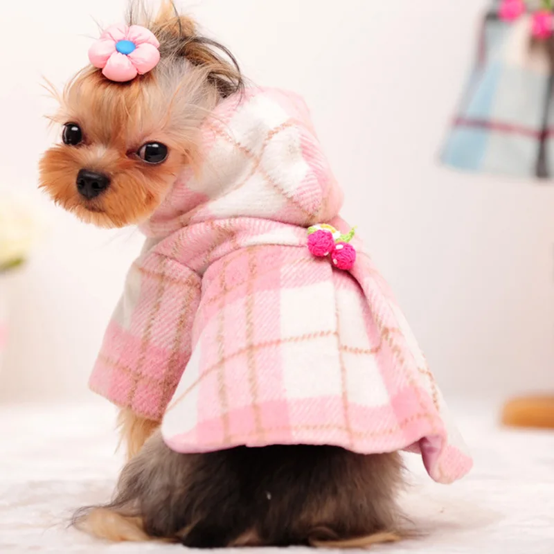 Winter warm elegant Cute Dog luxury wool trench coat clothes grid small