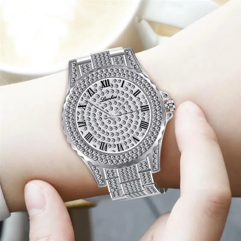 Новое поступление диаманта Bling часы для женщин Роскошные Нержавеющая сталь аналоговые женские кварцевые часы на запястье римскими цифрами элегантные часы