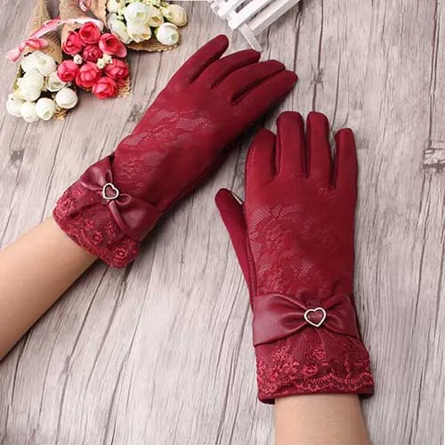 Miya Mona, женские перчатки, красивые, женские, сердце, боты, роза, кружева, стильные кожаные перчатки, зимние, палец, мягкие перчатки, подарок для леди - Цвет: Red