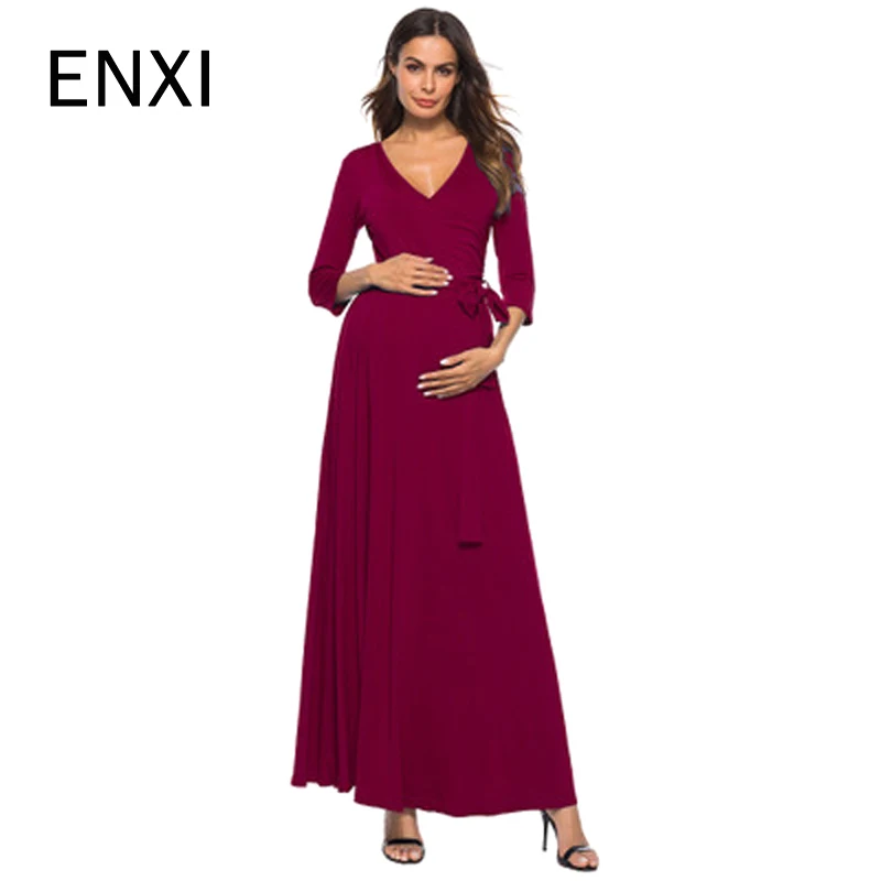 

ENXI Winter Fashion Maternity Dress Pregnant Women Special Design Maternity Clothes Floral Print V-Neck Nursing Dresses