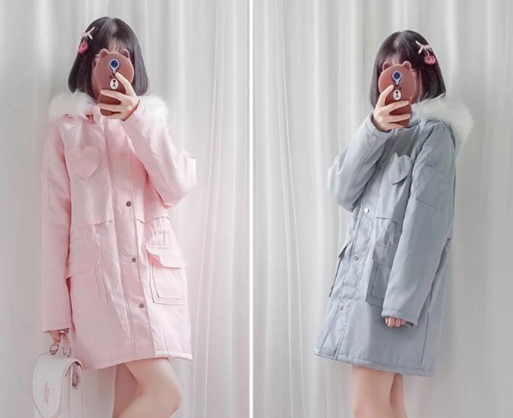 

Winter Coat Cute Pink Women Fake Fur Hooded Long Sleeve Lolita Warm Jacket