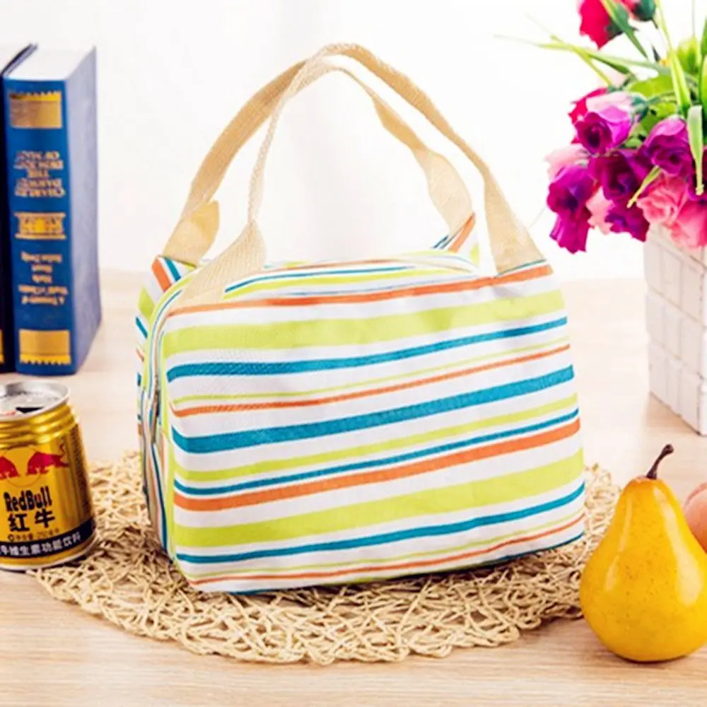 Insulated Canvas Stripe Picnic Carry Case Thermal Portable Lunch Bag For Women Men Girl Kids Children Carry Food Storage Case - Цвет: light blue