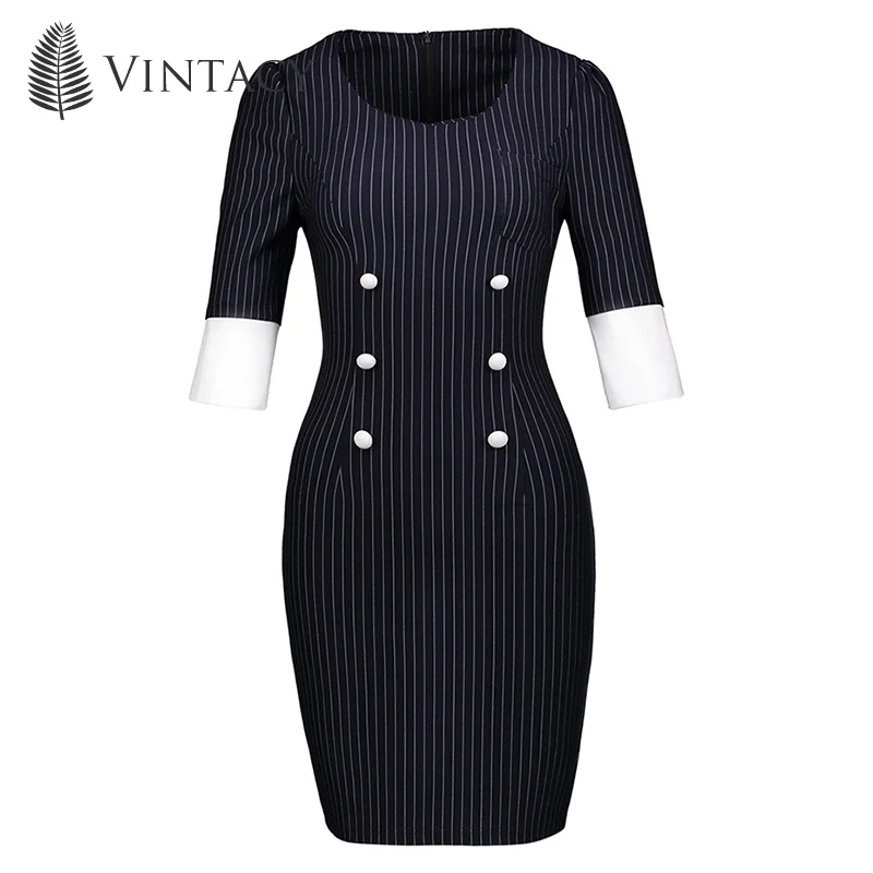 Women stripe bodycon dresses black patchwork button Elegant vintage