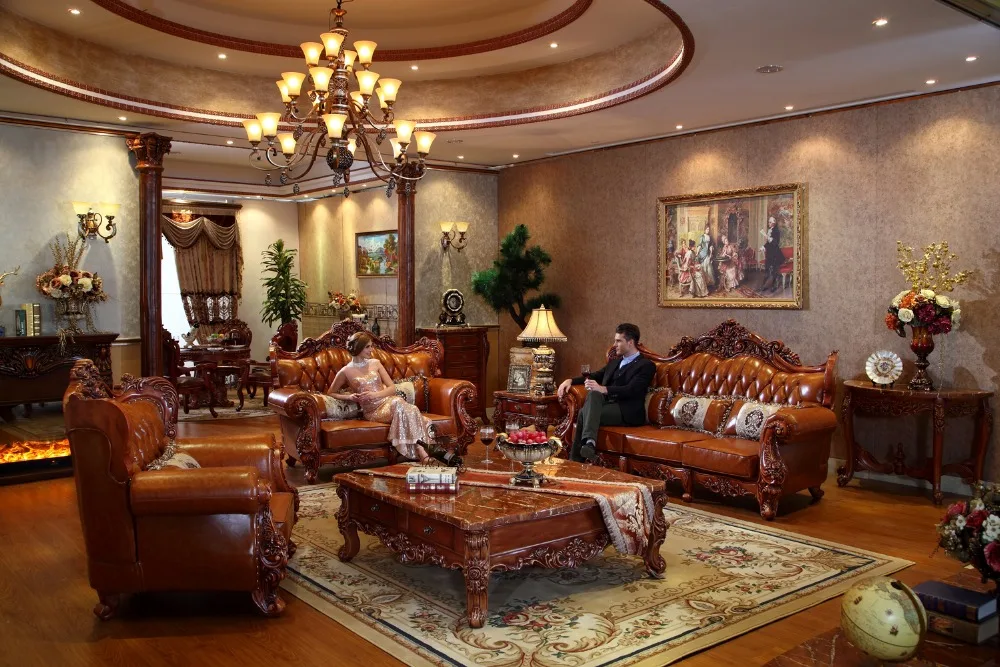 luxury italian red oak solid wood leather sofas living room furniture sets from China-PRF3027