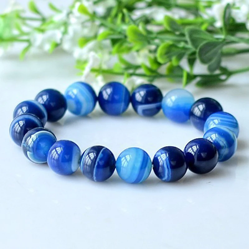 MOROW Charm Natural Stone Bracelets High Quality Sea Blue Agates Round Beads Fashion Yoga Elastic Rope Bracelet for Womens Mens (4)