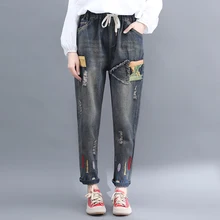 Женские джинсы с summer2019 новое отверстие патч тканевые джинсы женский литературный, Ретро стиль, с вышивкой, брюки с эластичной резинкой увеличение xxl