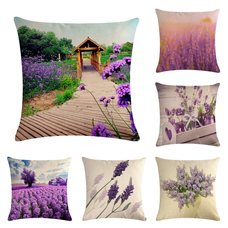 

45*45cm Romantic Beautiful Field Lavender Flower Pattern Cushion Cover Suitable for Female Home Decoration Square Pillowcase