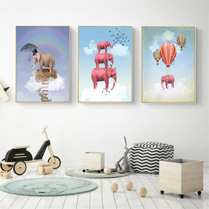 

HAOCHU New Canvas Print Poster Nordic Cute Elephant Animal Hot Air Balloon Sky Home Decoration Painting Kid Room Bedroom Wall