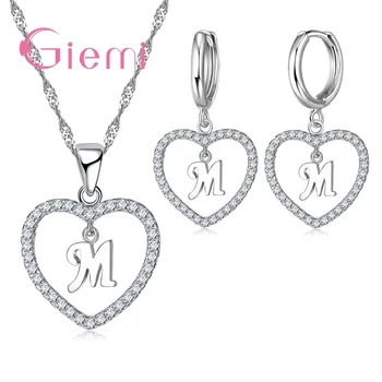 

A-Z Letter Style Jewellery Real 925 Sterling Silver Jewelry Sets For Women Heart Pendant Necklace Earring Lover Party Gift
