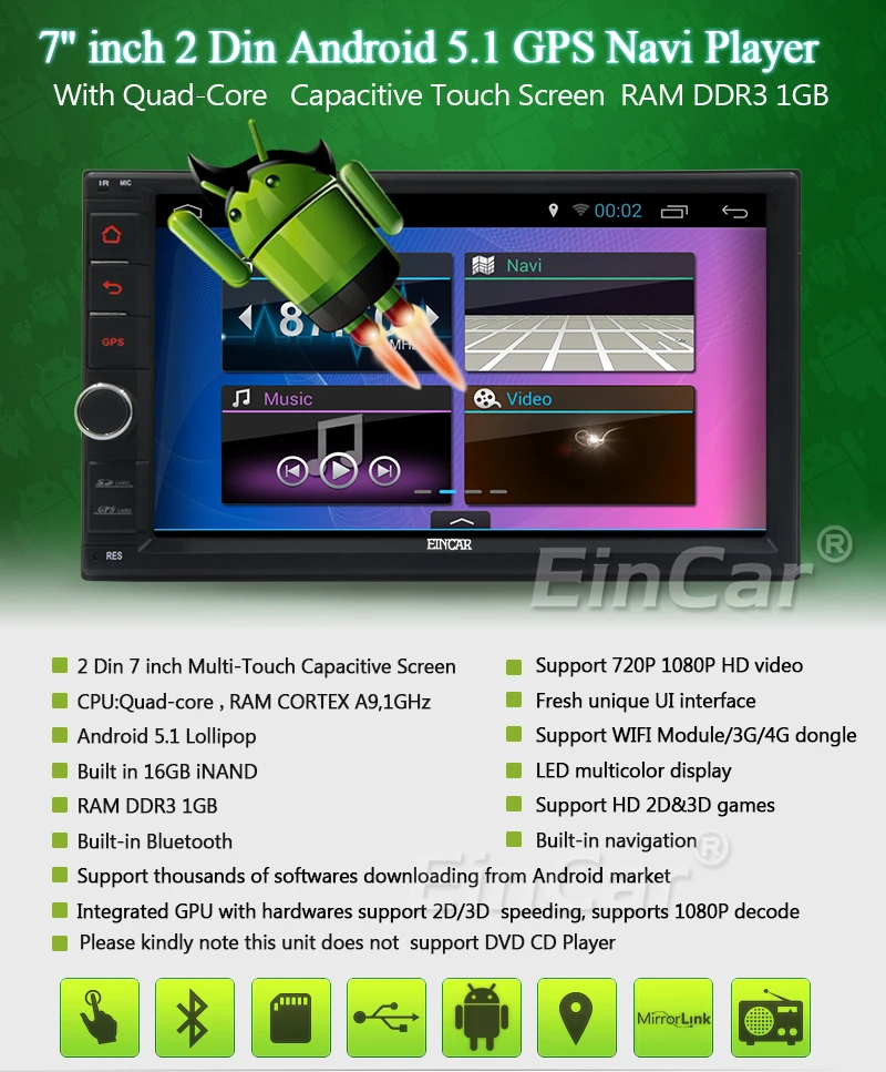 Excellent 2Din Head Unit Android 5.1.1 GPS radio Car Stereo Auto Radio Audio 1080P Video Player Wifi FM Steering Wheel Control+rear Camera 1