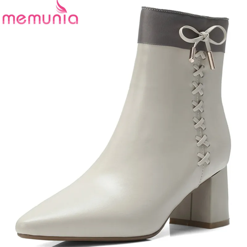 

MEMUNIA fashion hot sale 2020 new ankle boots women pointed toe genuine leather boots cross tied elegant high heels dress shoes