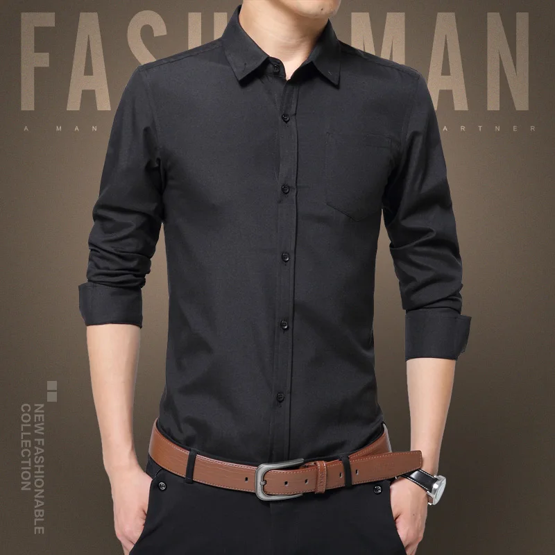 Мужские рубашки с длинным рукавом, модные мужские рубашки, приталенные рубашки с длинным рукавом, Повседневная деловая рубашка высшего размера плюс 5XL, брендовая одежда 1969 - Цвет: 1616black