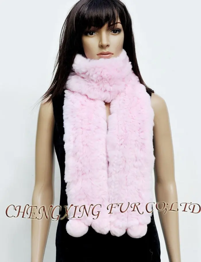 CX-S-116D высокого качества из натурального кролика рекс ручной вязки мех Дамская мода помпон бахромой шарф - Цвет: Pink