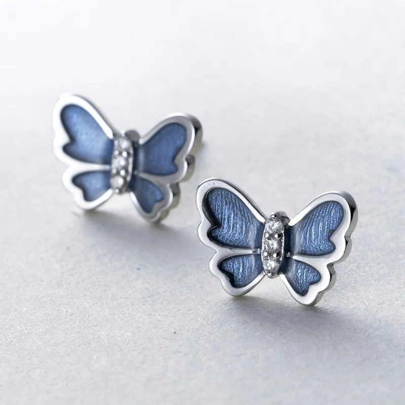 blue drop glaze butterfly silver earrings woman s925 silver Jewelry fashion Hypoallergenic Stud earrings for women High quality