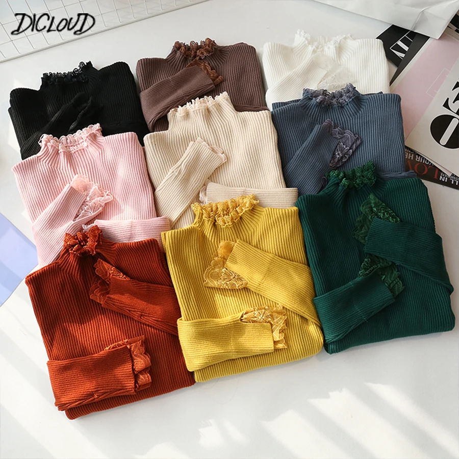 

DICLOUD Lace Sweater Women Fashion Stitching Turtleneck Stretch Slim Knit Sweater Ladies Casual Long Sleeve Warm Pullovers Tops