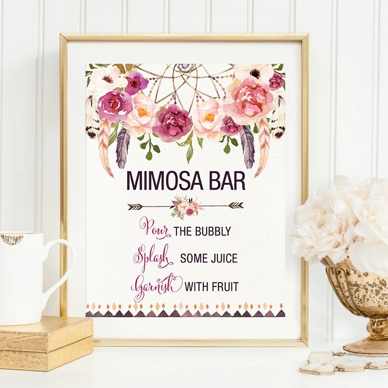 

MIMOSA BAR Bohemian Bridal Shower Sign Canvas Art Print Poster Watercolor Floral Dreamcatcher Painting Bridal Shower Decoration