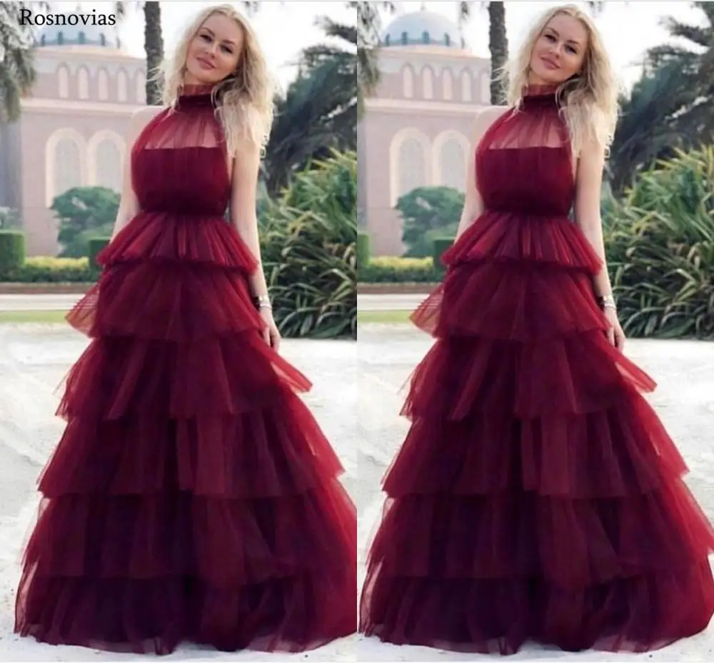

Burgundy Tiered Skirt Prom Dresses 2019 High Neck Backless Formal Evening Party Dresses Special Occasion Gowns Vestido De Fiesta