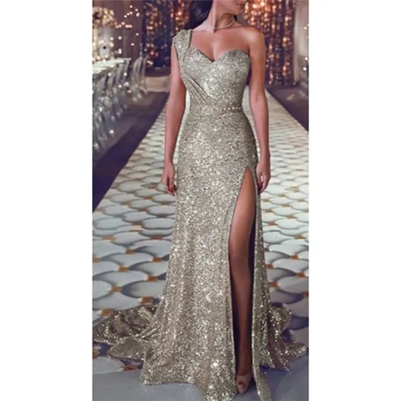 New Women Summer Sequin Prom Party Sexy Sleeveless Gold Evening Bridesmaid V Neck Long Dress Lady Elegant Party Dress #4A30 (8)