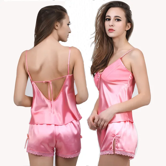 Silk Satin Cami and Shorts Set Lace Artificial Silk Sleepwear SetsV
