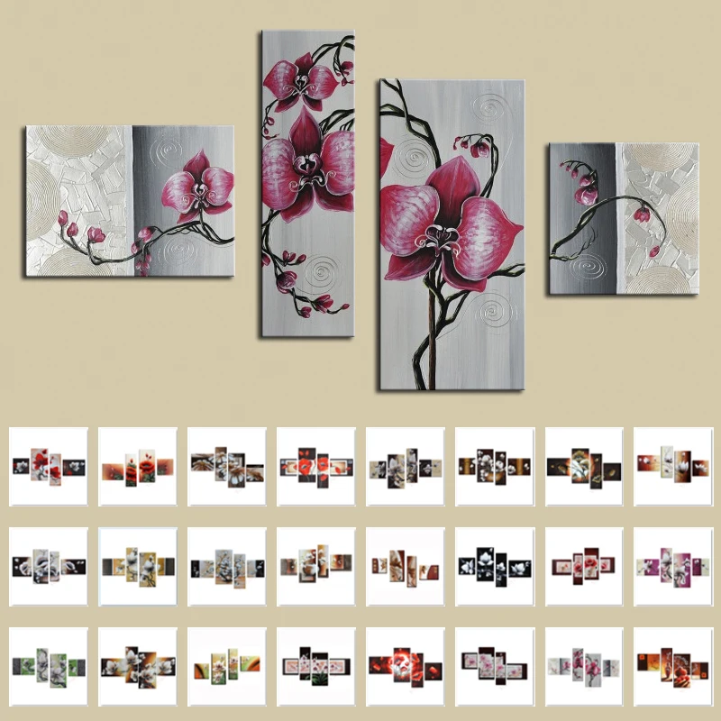 

Modern Wall Art Modular Hand Painted Abstract Oil Paintings on Canvas 4 Panel Red Orchids Flowers Picture for Living Room Decor