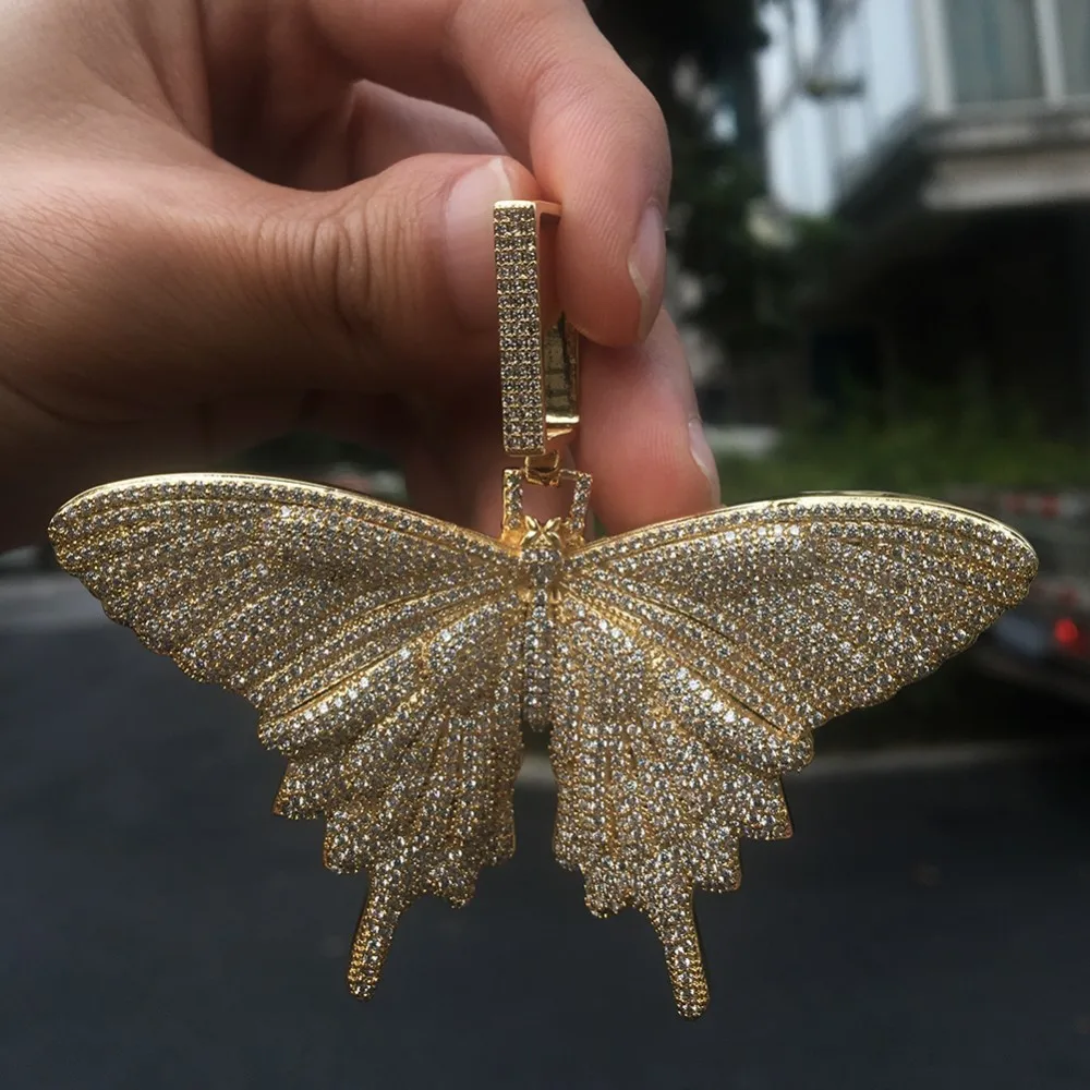 Шикарный король цветные бабочки кулон ожерелье вымощено из AAA кубического циркония с 20 мм CZ кубинской цепи мужские ювелирные изделия Хип-хоп
