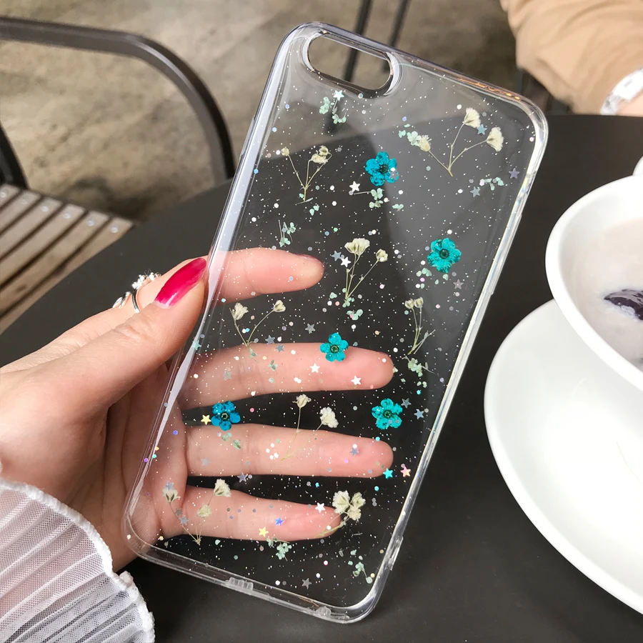 

Real Dried flowers phone case For iPhone XS Max XR 6 6s 7 8 Plus X case Floral Cover Clear silicone soft TPU case Capa Fundas