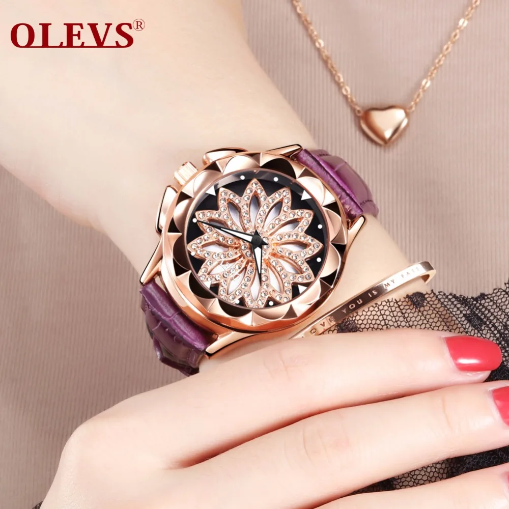 

OLEVS Fashion 360 rotate dial High quality Japan movement Quartz Watch Women Genuine Leather relogio feminino Rhinestone Clock