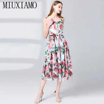 

MIUXIMAO High Quality 2019 Summer&spring Dress Sleevless Flower Print Csacading Ruffle Eleghant Casual Dress Women vestido