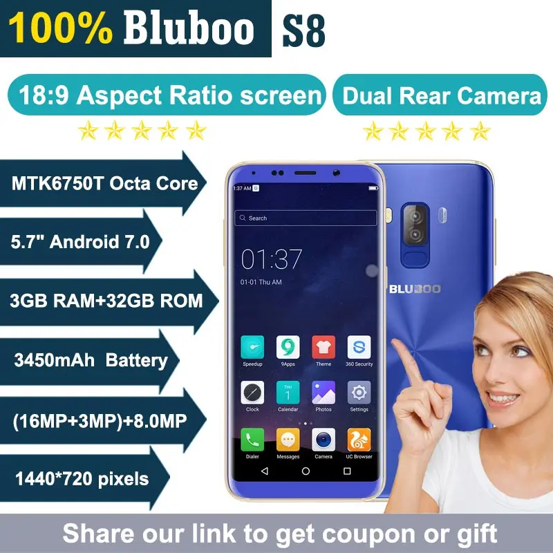 BLUBOO S8 4G смартфон 5 7 &quot18:9 полноэкранный MT6750T Восьмиядерный 3 ГБ + 32 ГБ|Смартфоны| |