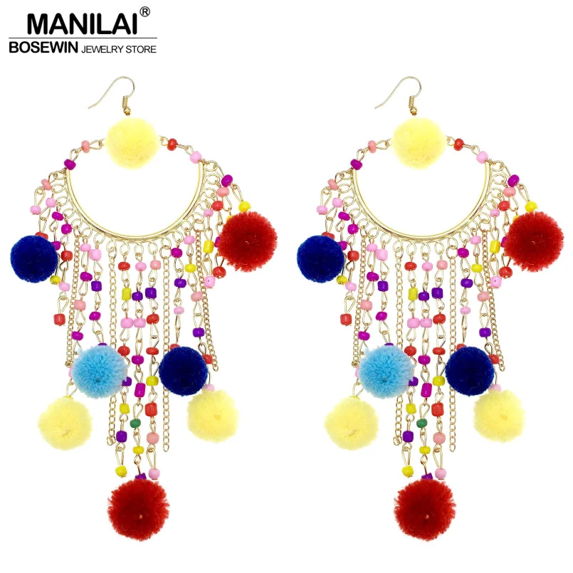 MANILAI Fashion Pom Pom Long Beaded Tassel Earrings Ethnic Jewelry Women Big Dangle Firenze Fringe Drop Earring Boho Pendientes