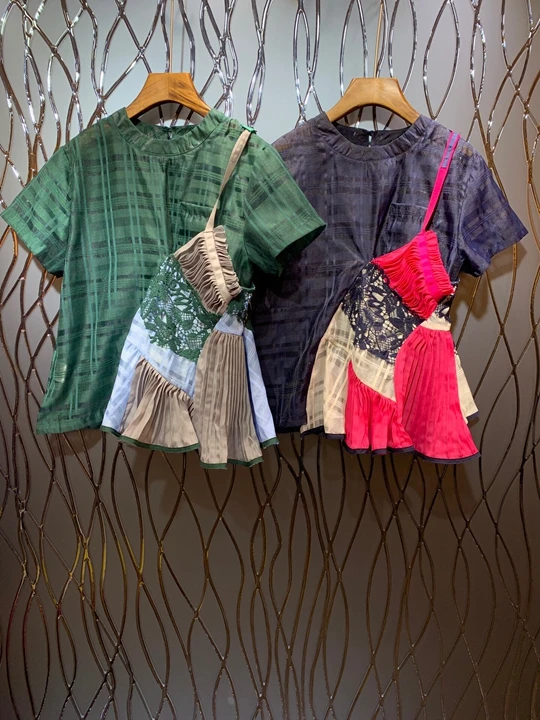 

Summer 2019 New Women's Round Neck Irregular Press-pleat Colour Splicing Short-sleeved Baituan Top 607