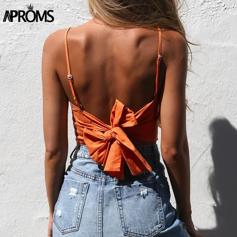 

Aproms White Lace Up Linen Camisole Women Summer Beach Tie Up Bow Female Cami Crop Top Sexy Backless Sleeveless Short Tees 40714
