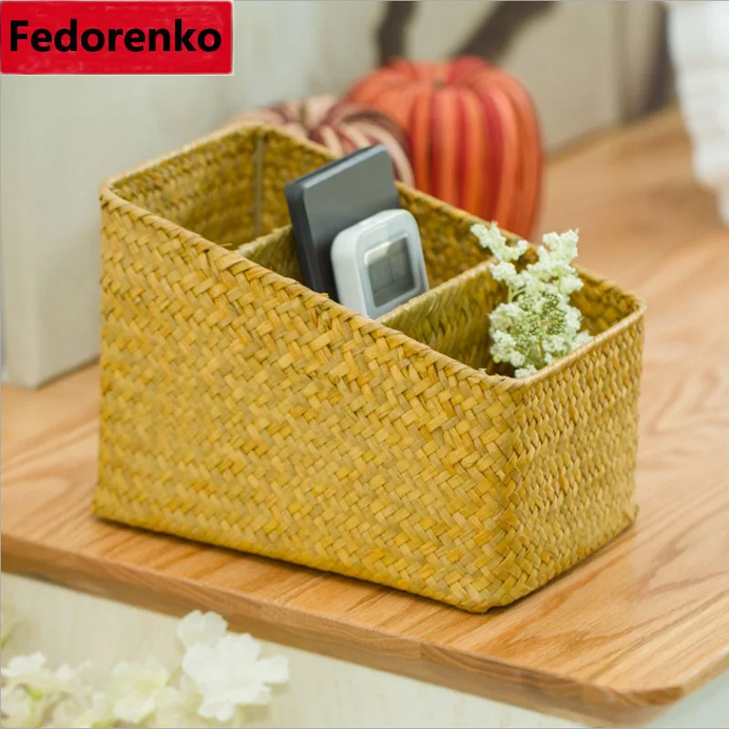 3 Lattices Natural Handmade Woven Straw Desktop Storage Boxes Office