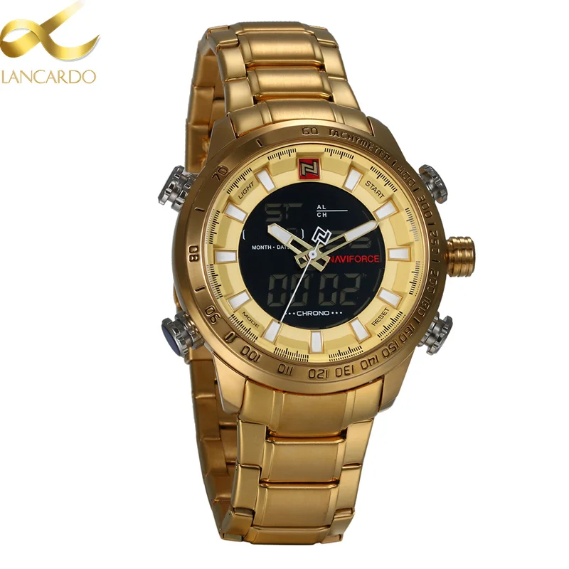 Lancardo Male Military Watch LED Digital Dual Time Hours Wrist Analog Round Quartz Gold Stainless Steel Men Sport Wristwatch | Наручные