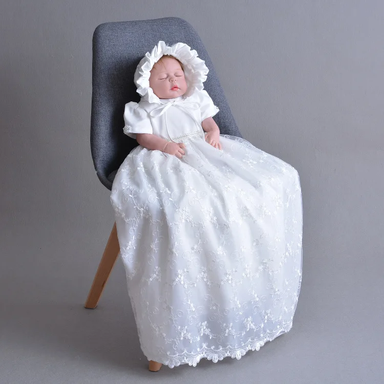 2018 High end White Christening Baby Girl Dress Extra Long Baby Girl