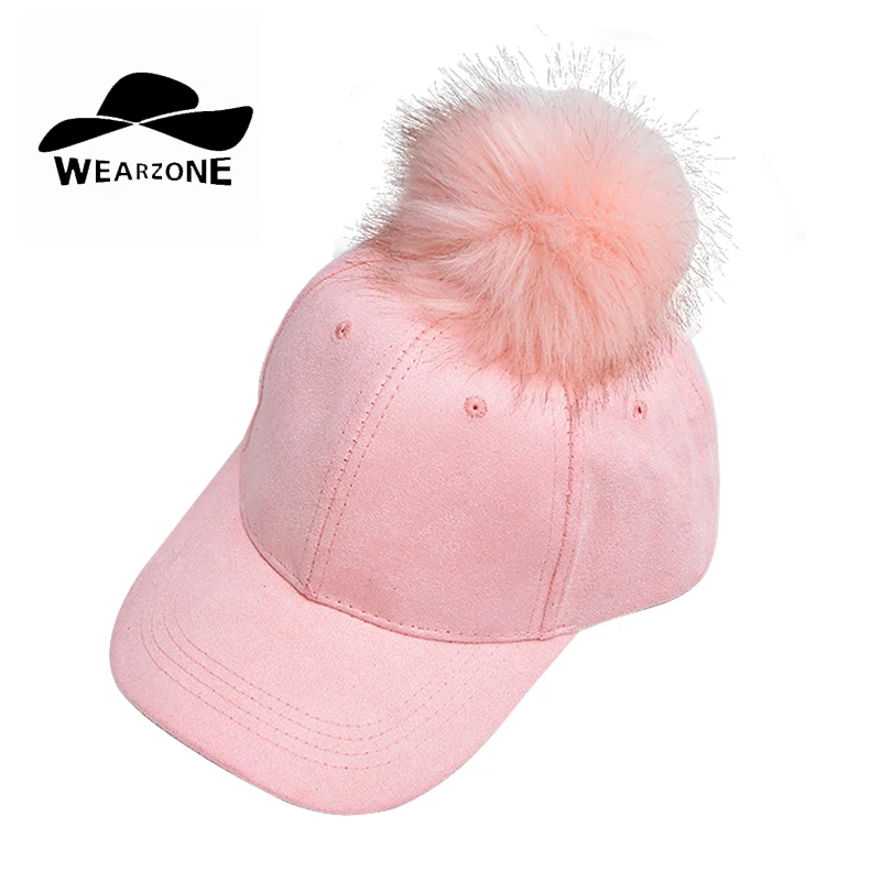 

Women Faux Fox Fur Pompom Baseball Caps Ball Suede Adjustable Cap Hip-Hop Hat 2017 fashion new style Gorros para el sol