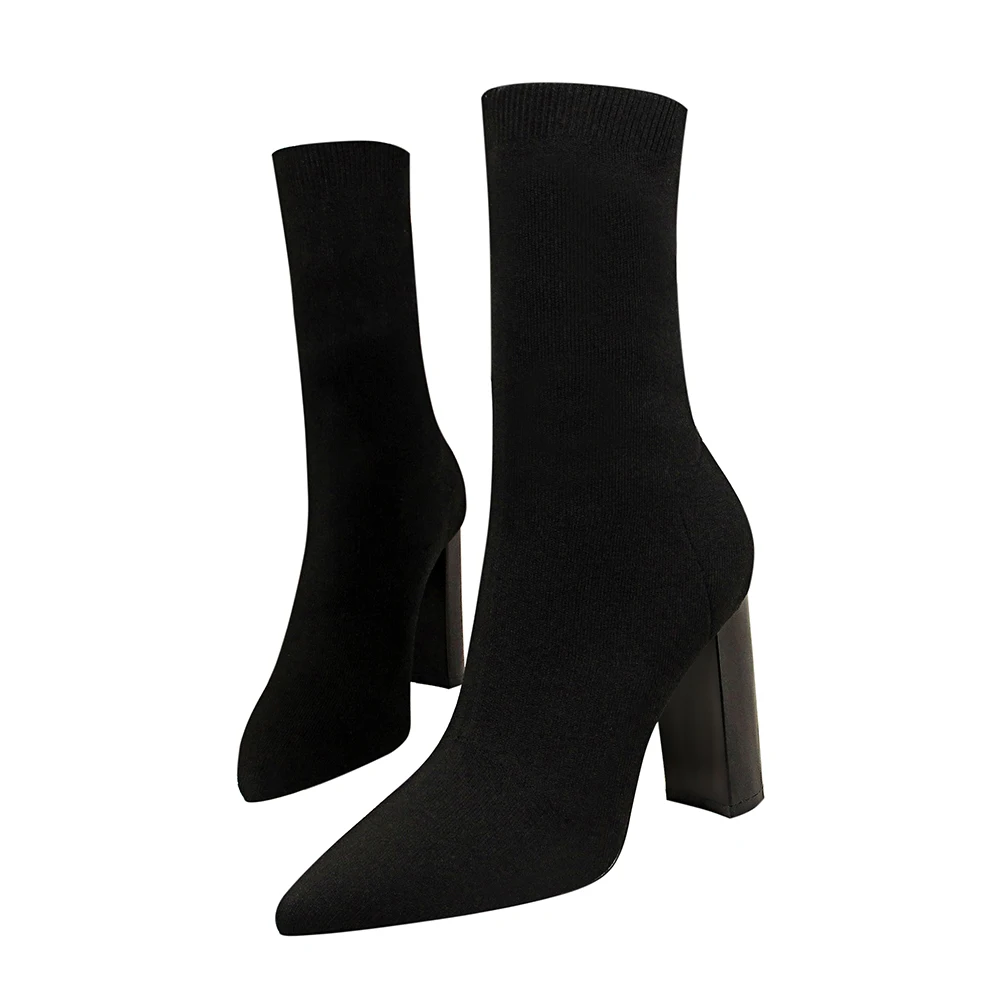 

2018 Autumn Women's Boots Pointed Toe Elastic Mid Calf Boots Thick Heel High Heels Shoes Woman Female Socks Boots DS-A0333