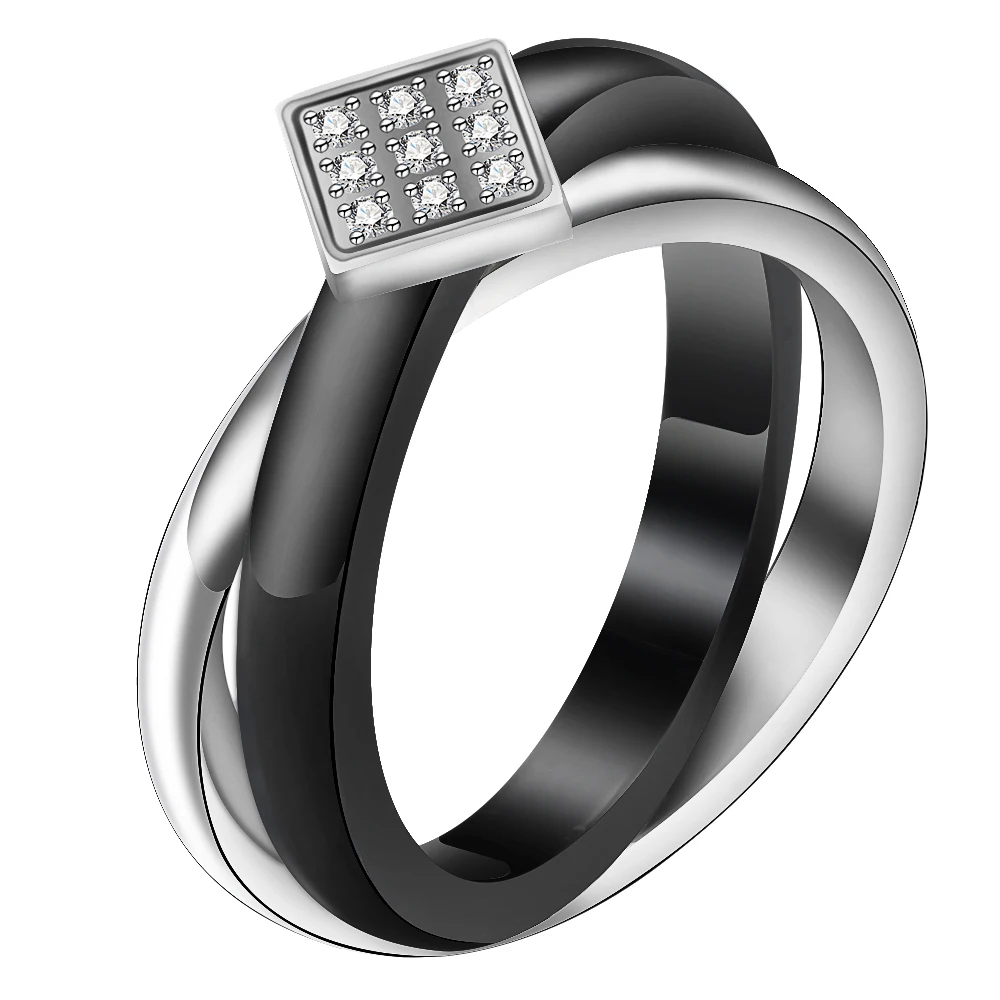 

Classic Black White Color Double Circle Ring Ceramic & Silver Stainless Steel Rings For Women Lady Fashion Crystal Jewelry Gifts