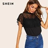 SHEIN Office Lady Black Lace Yoke Ruffle Embellished Sheer Top Lace Blouse Women Summer Butterfly Sleeve Elegant Solid Blouses Blouses & Shirts Women's Women's Clothing 