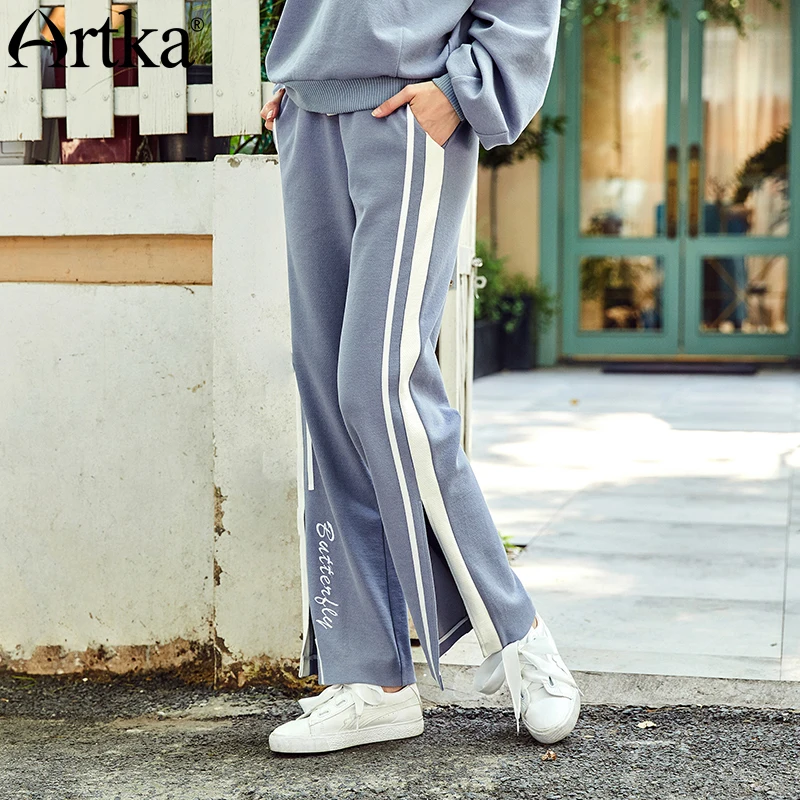 Azul Otoño Artka Claros Ka10081q Azules Casuales Letras Mujer Estampado Detectable De Nuevos Ribbon Split Lisos Pantalones 2018 Rayas Cielo T5w5qxrR