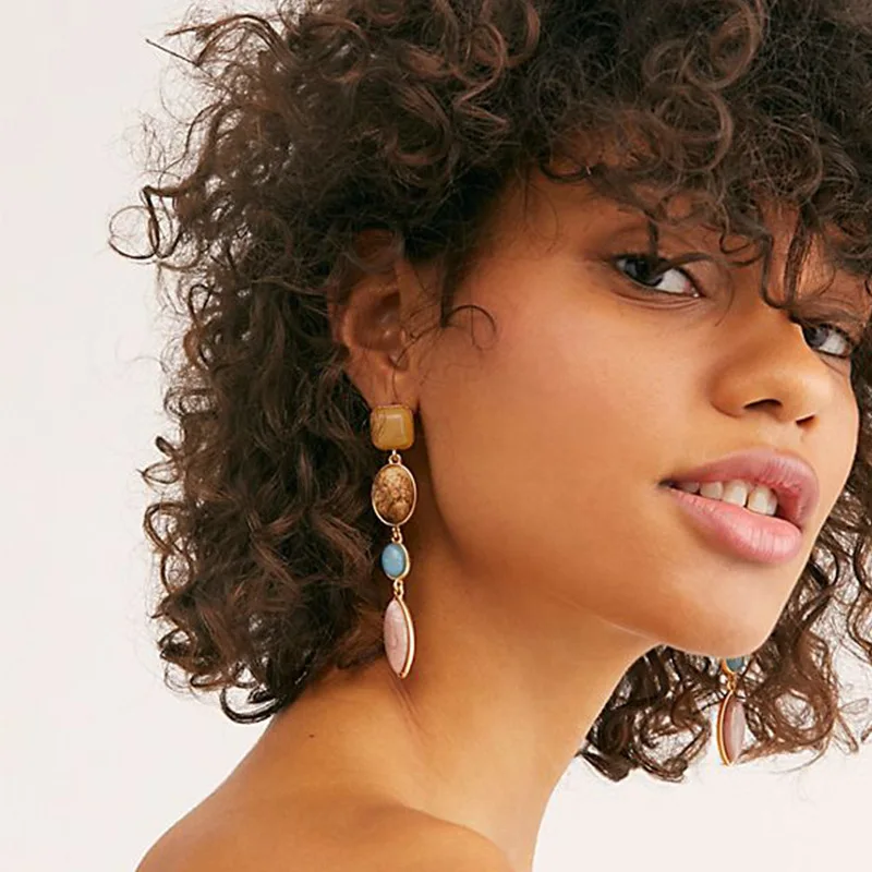 

Natural Magnolia Stone Drop Dangler Earrings Geometric Long Tassel Women Gorgeous Ear Jewelry New Fashion Hanging Earring Gifts