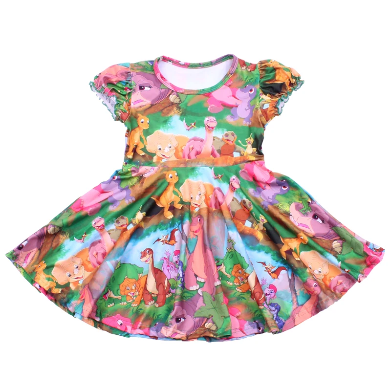 

New Baby Girls Children Twril Dress Milksilk Dinosaur World Colorful Dress Girl Boutique Fall/Summer Knee Lenth Party Dresses