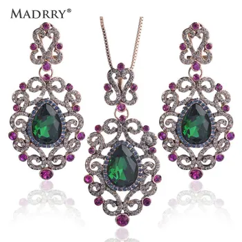 

Madrry Brand Green Rhinestones Flower Pendants Drop Earrings Jewelry Set For Women Ouro Necklace Big Brincos Christmas Gifts