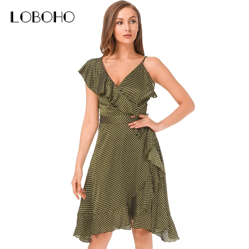 

Asymmetrical Ruffle Dress Women 2018 Summer Fashion Casual Polka Dot Dress Spaghetti Strap Knee Length Ladies Dresses With Belt