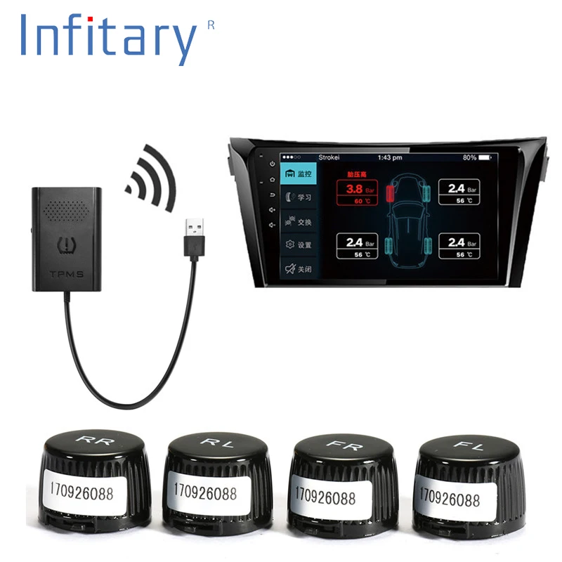 

Car TPMS Android Tire Pressure Monitoring System for DVD Player USB Interface for Peugeot Toyota and All Cars 4 External Sensors