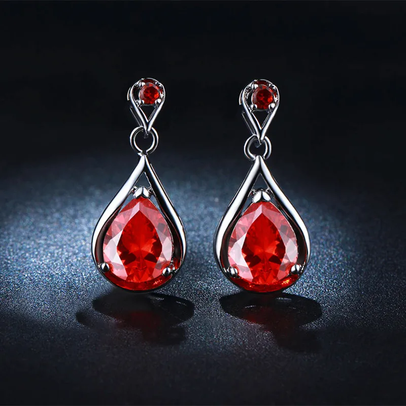 Red Stone CZ Stone Dangle Earrings For Women Water Drop Fashion